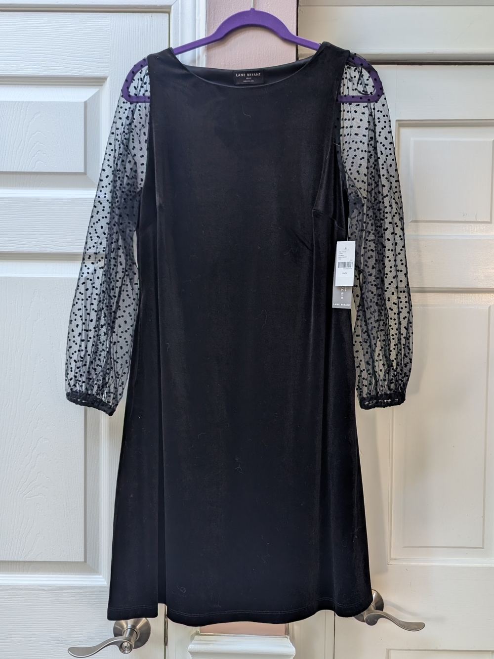 Lane Bryant Black Shift Dress with Sheer Polka Dot Sleeves